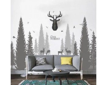 Pine Tree Forest Wall Decal with Deers  -  Tree Art Stickers